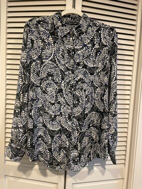 Black, White, Blue with Yellow highlights Long-Sleeve Blouse - Madison Paige